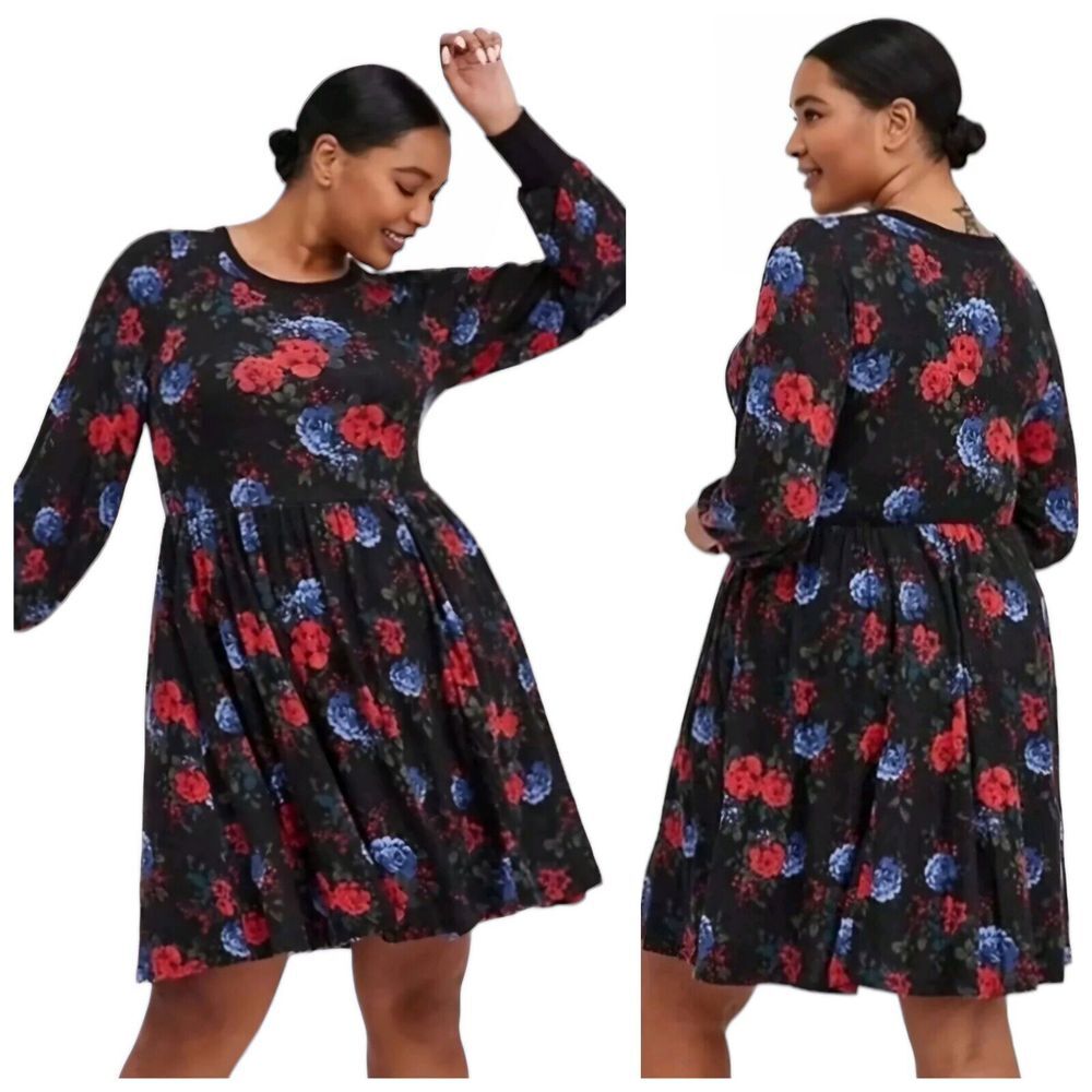 Torrid Plus 2X Super Soft Plush Black Floral Babydoll Dress Long Sleeve
